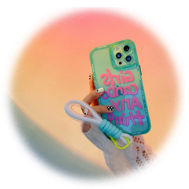 Mint green graffiti TPU phone case with lanyard showing blue-haired girl eating bread design for Apple iPhone