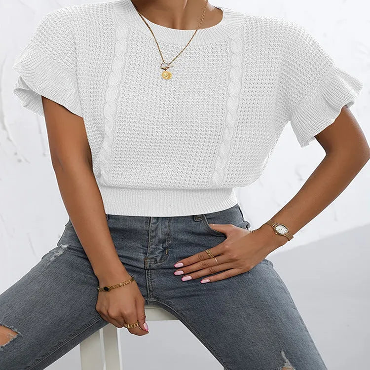 Women's knitted pullover sweater with ruffle short sleeves and twisted string detailing
