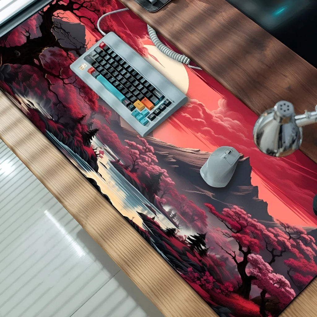 Large anime-themed gaming desk mouse pad with non-slip rubber cloth base on a wooden desk.
