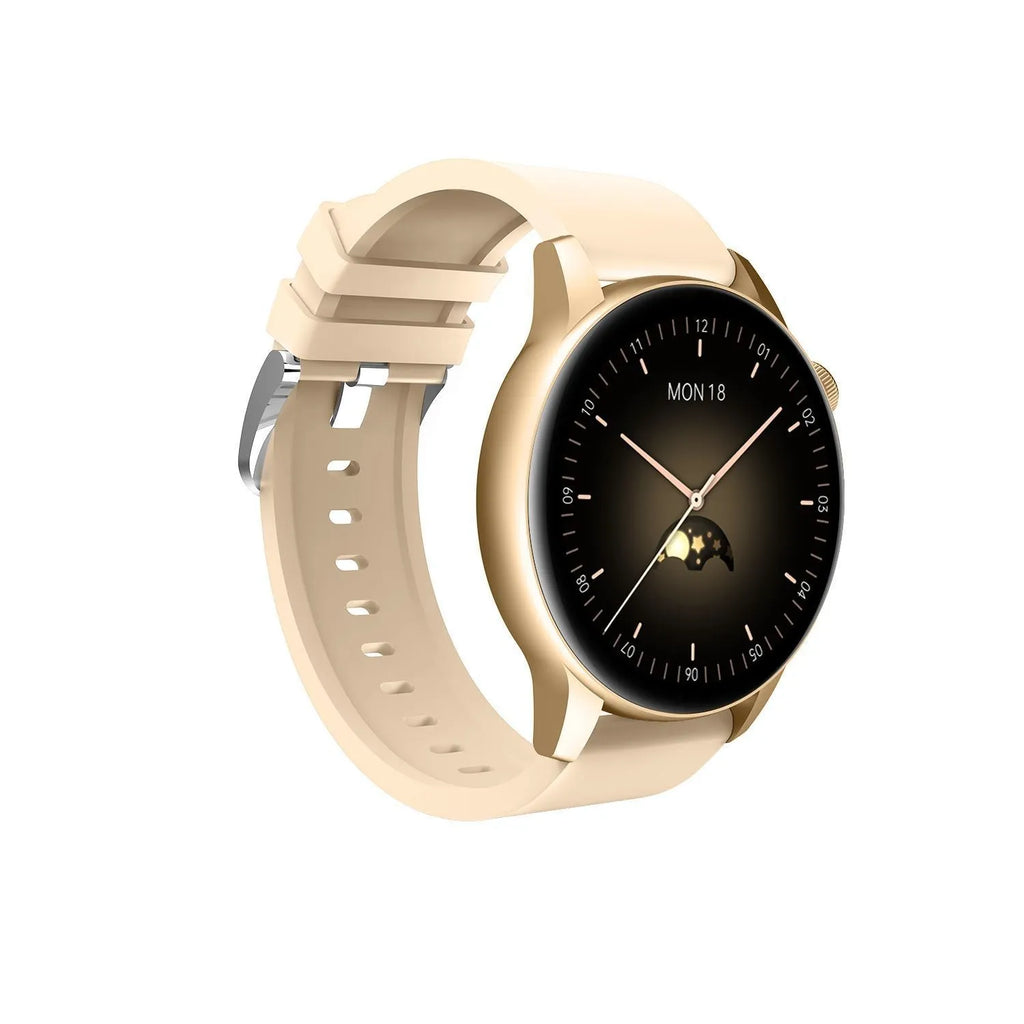 Stainless steel smart watch with 1.3-inch colour touchscreen on a wrist, showing fitness data.