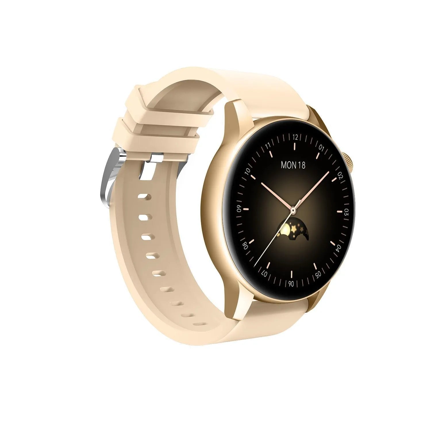 Stainless steel smart watch with 1.3-inch colour touchscreen on a wrist, showing fitness data.