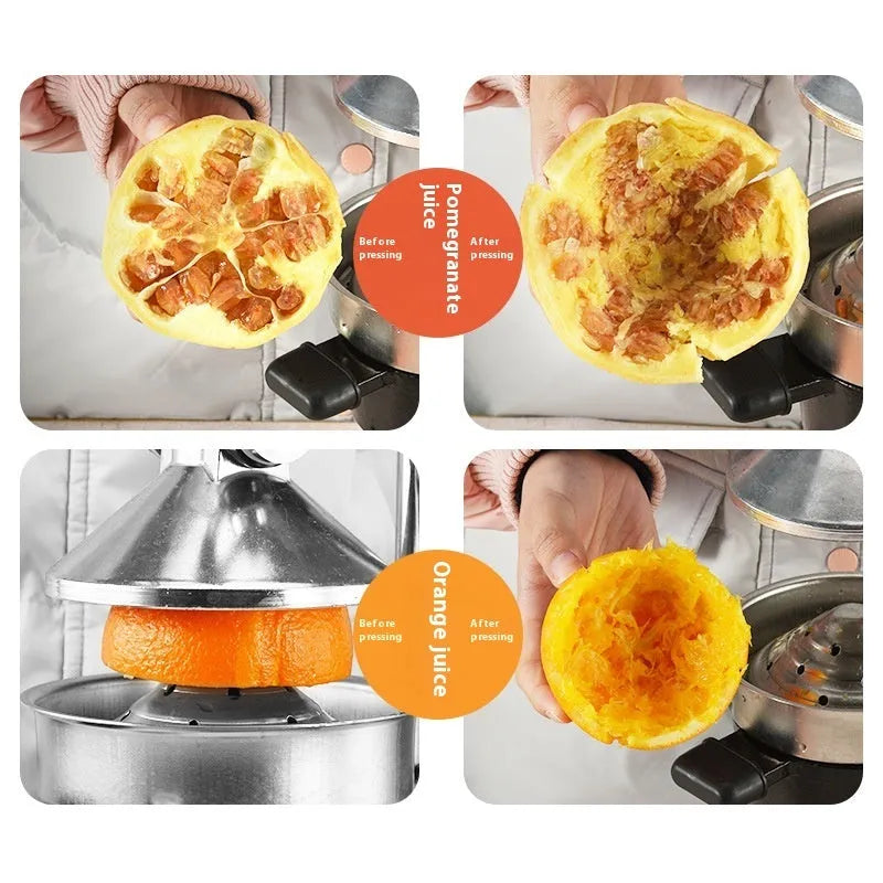 Cast iron manual citrus juicer with stainless steel funnel showing black finish