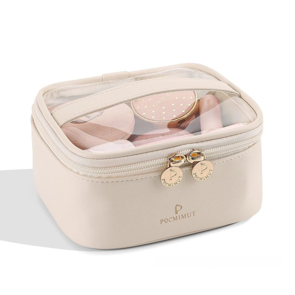Leather trim transparent PVC cosmetic bag with waterproof construction, expansion storage, and dry wet separation, pink portable size