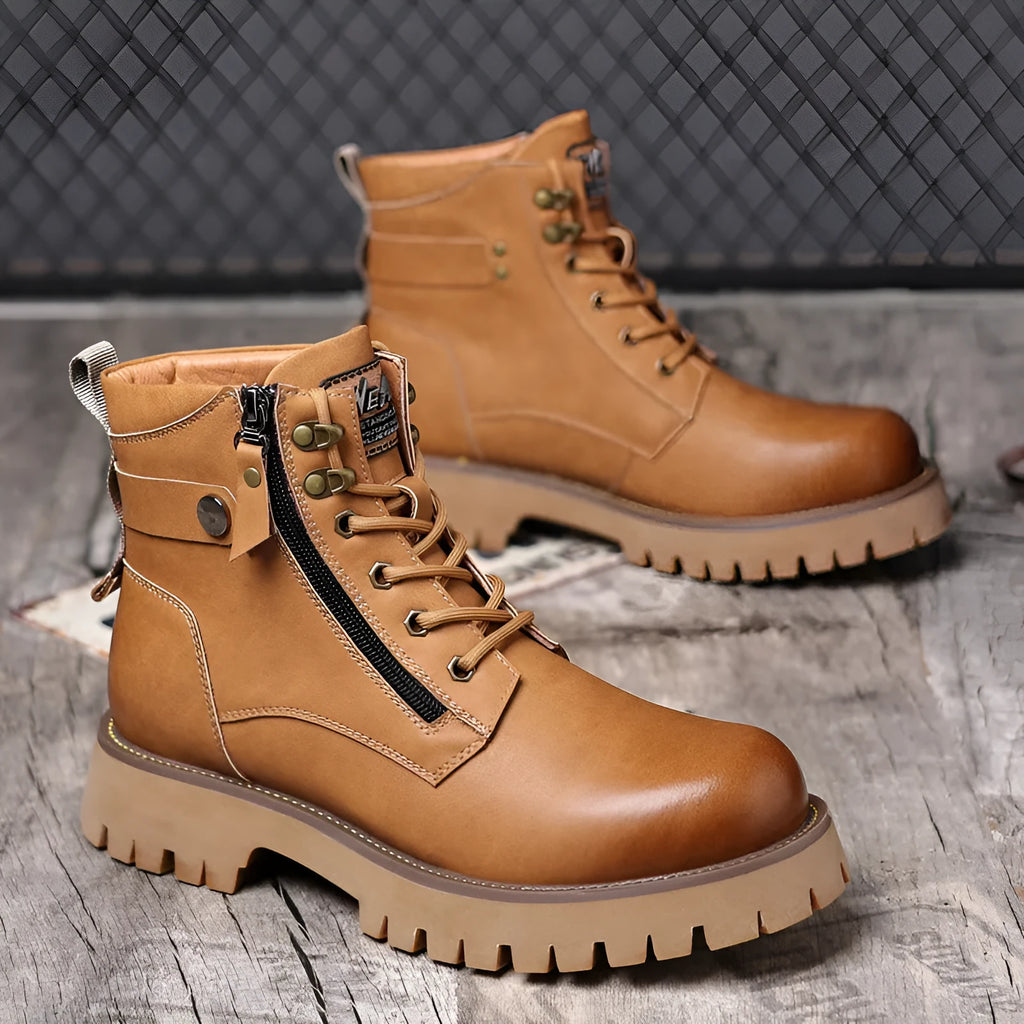 Men's brown high-top leather boots with velvet lining and side zipper, showing round toe and mid-heel design
