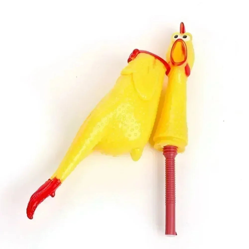 Yellow rubber screaming chicken dog squeak toy shown in three different sizes.
