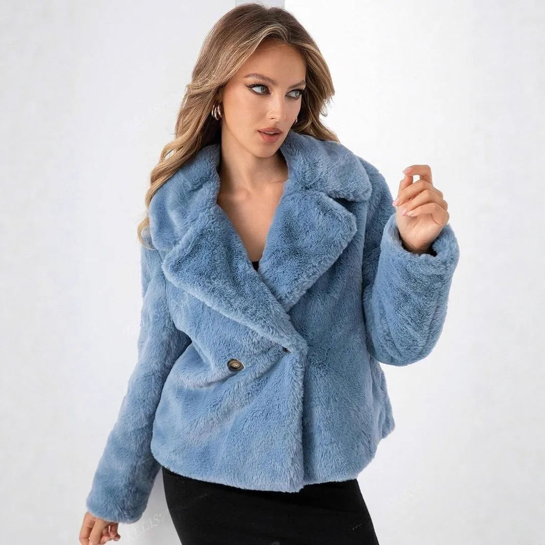 Women's short faux fur coat in loose style with regular sleeves shown in rose red colour