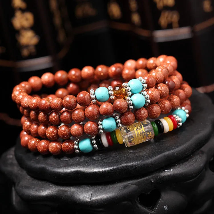 108 nugget sand six words mantra multi-circle bracelet with golden star stone and fu character