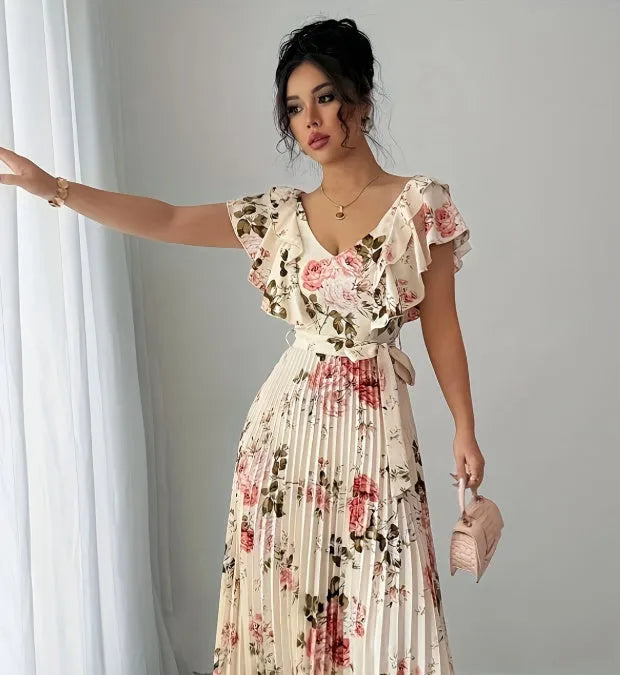 Apricot floral print v-neck dress with ruffled sleeves and swing skirt