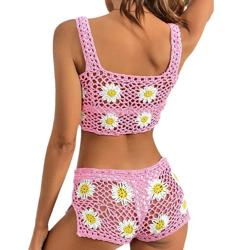 Light green floral bikini swimsuit with hollow yarn acrylic fabric, free size fit