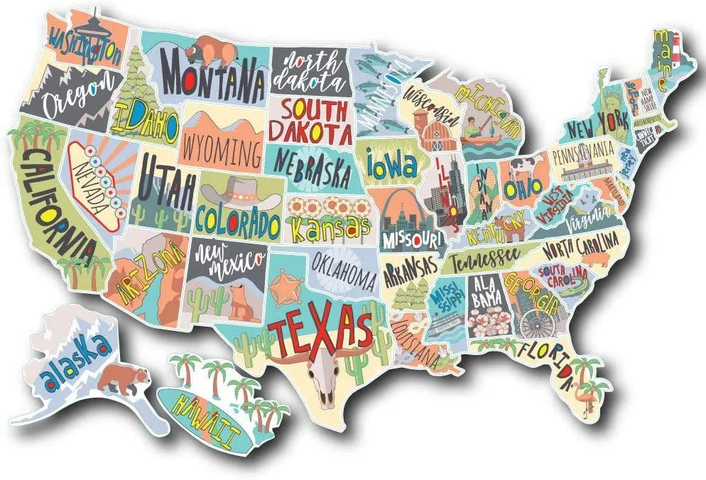 Travel-themed world map car body sticker set with vinyl lettering on white background decal