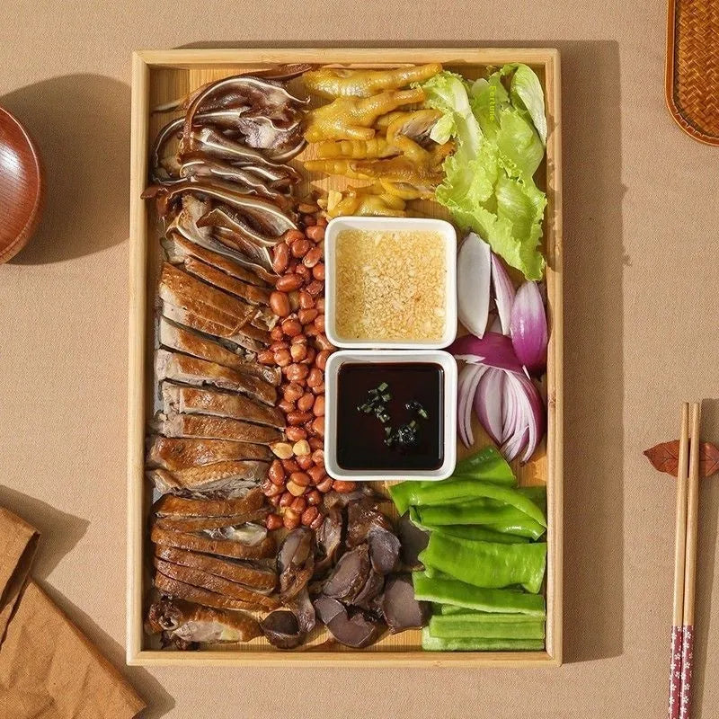 Square bamboo serving tray with brown handles in pastoral design