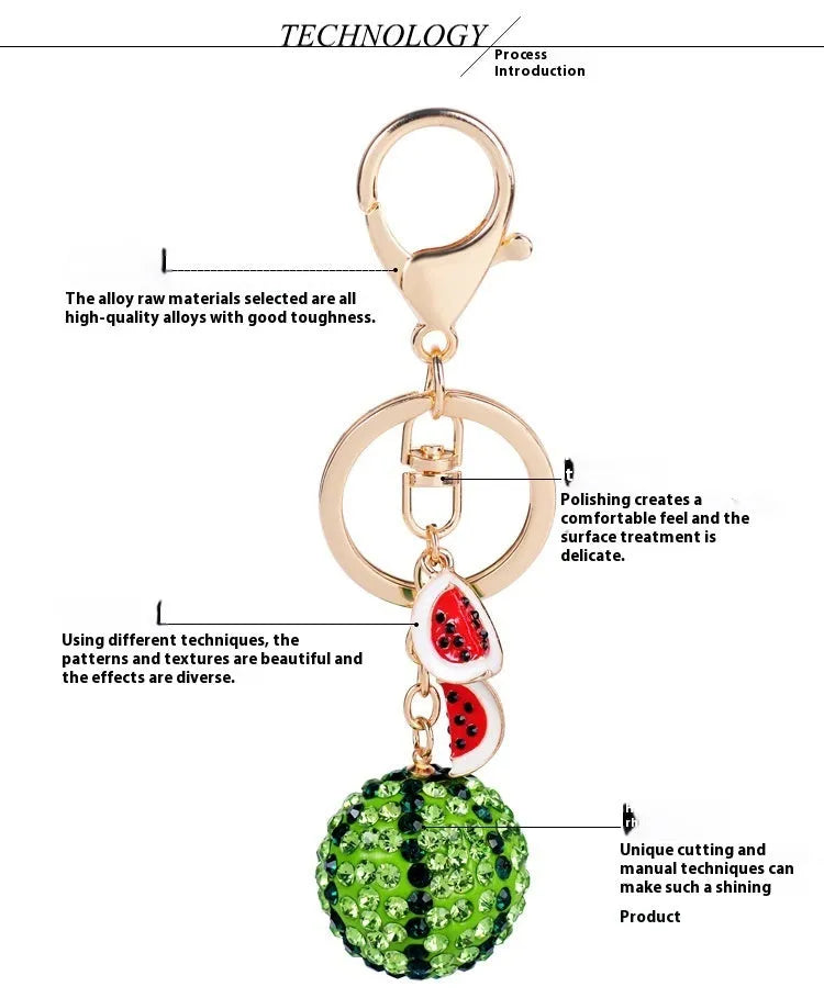 Green zinc alloy keychain shaped like a watermelon, measuring 12cm in length.