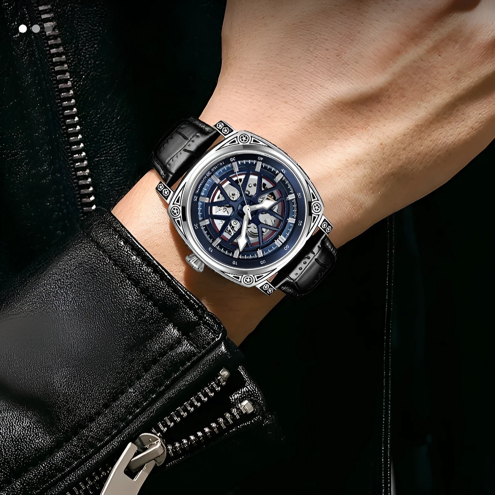 Stainless steel automatic mechanical men's watch with leather strap showing 14mm thickness