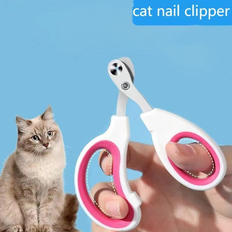 Blue pet nail clippers with circular hole design and cushioned non-slip handle on a white background.