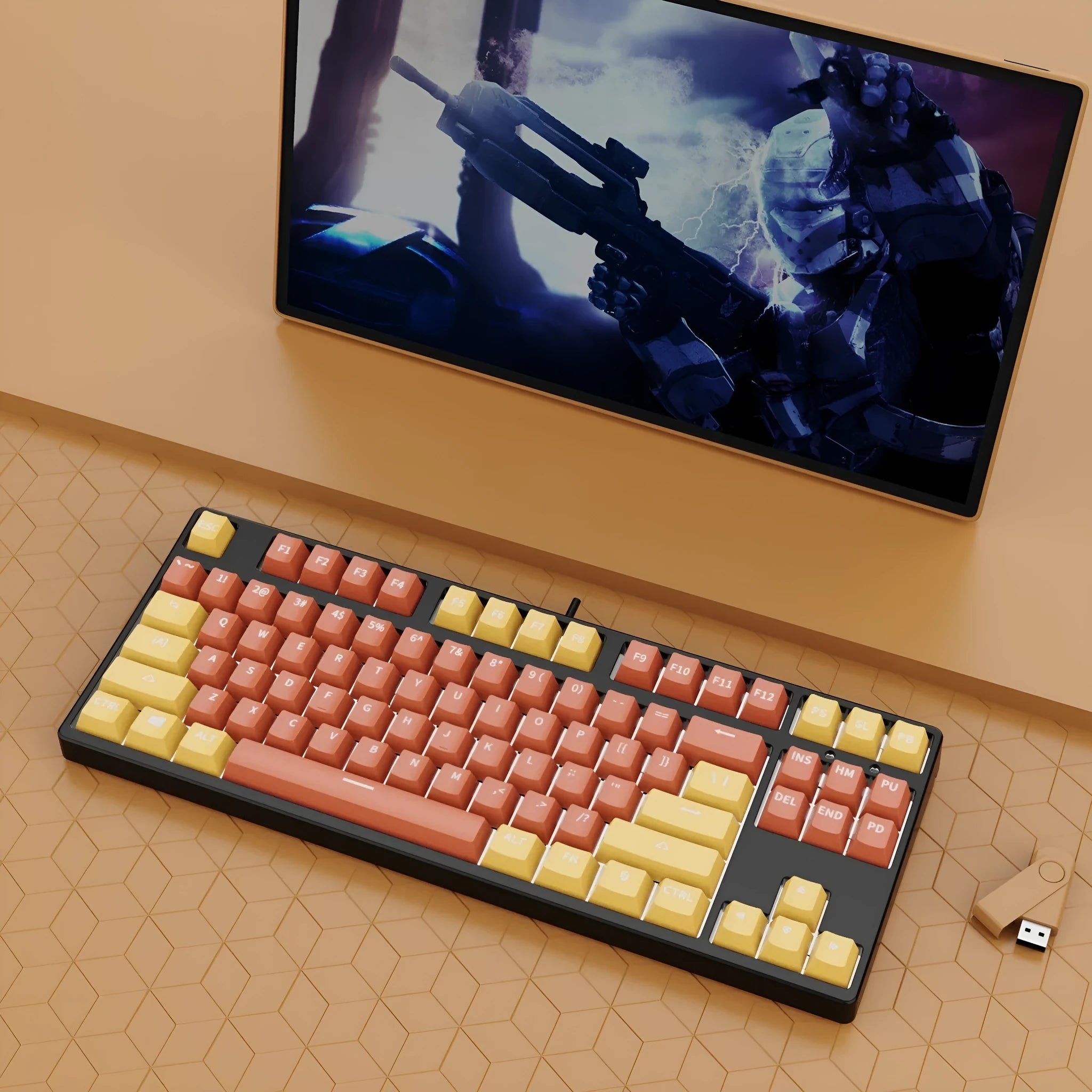 87-key wired mechanical gaming keyboard with colourful keycaps on a metal frame, shown with key puller and cable.