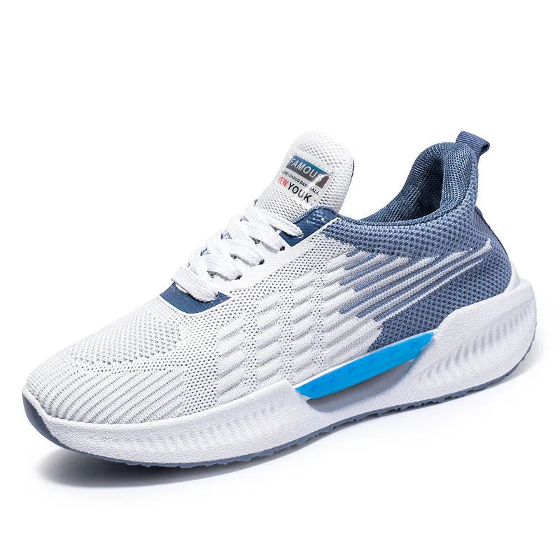Men's blue breathable mesh casual shoe with round toe and injection moulded sole.