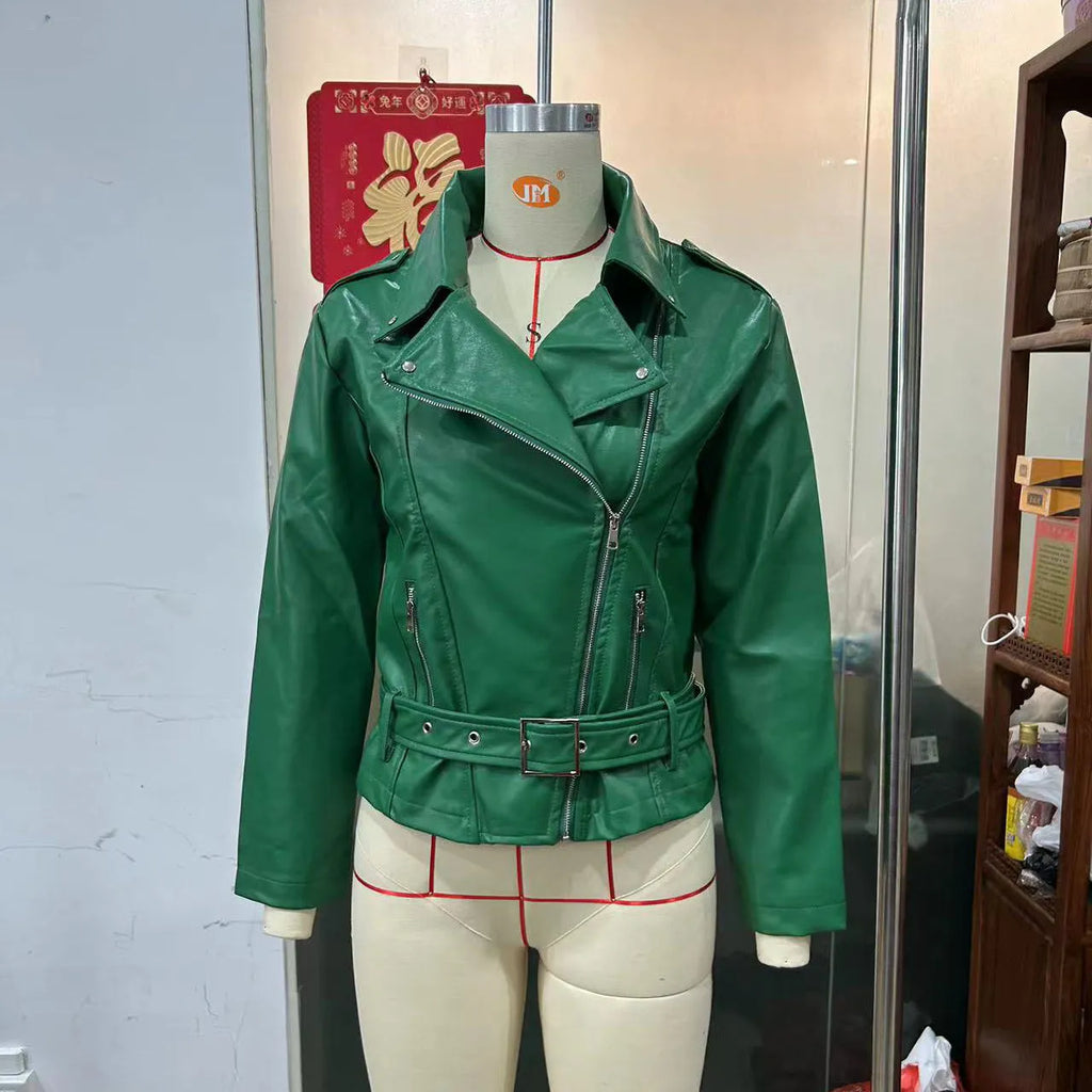Black leather punk jacket with lapel collar and drawstring waist on a model