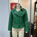 Black leather punk jacket with lapel collar and drawstring waist on a model