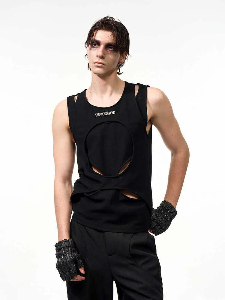 Men's loose sleeveless waistcoat in hollow white thread fabric showing round neck and pullover design