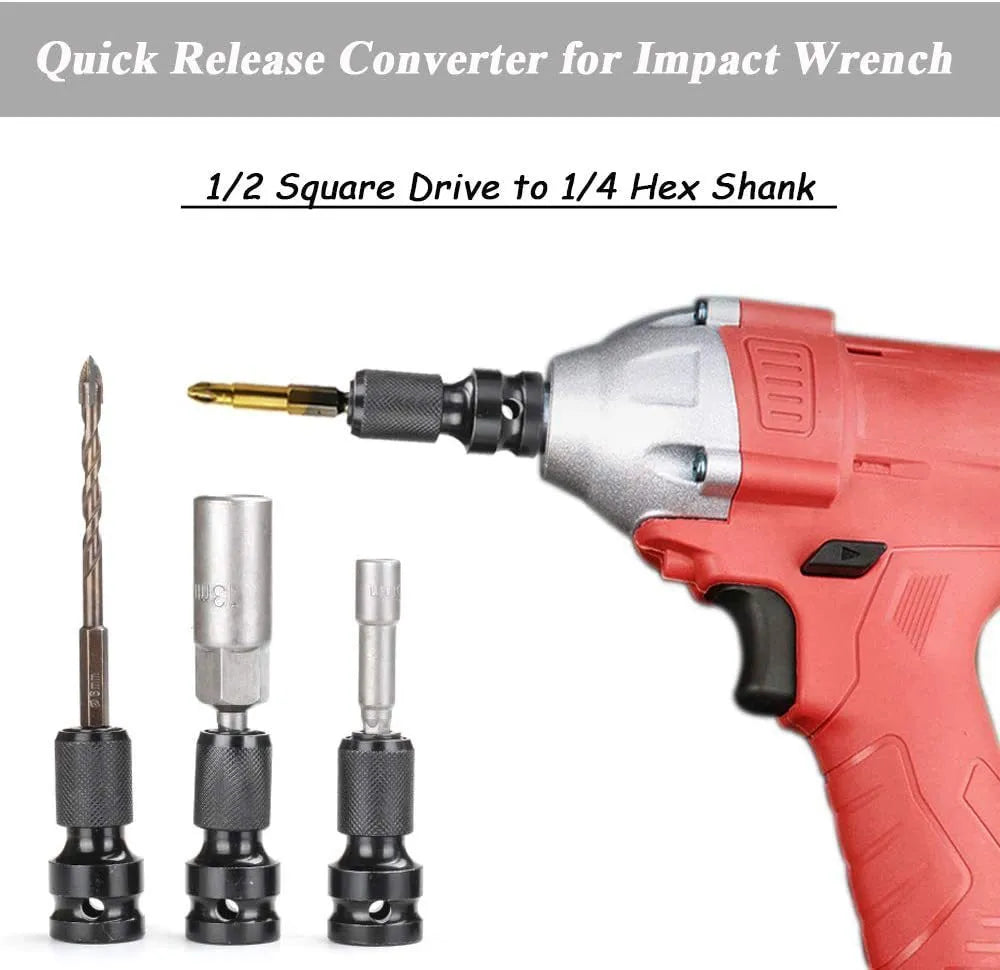 Telescopic bit holder with hexagonal handle for electric wrenches showing extended sleeve and bit retention mechanism
