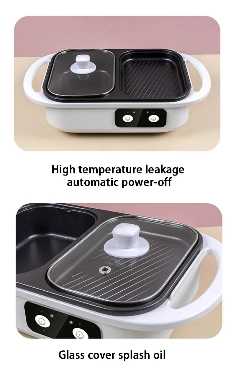 Green and white dual-use electric hot pot and frying oven appliance on a kitchen counter.