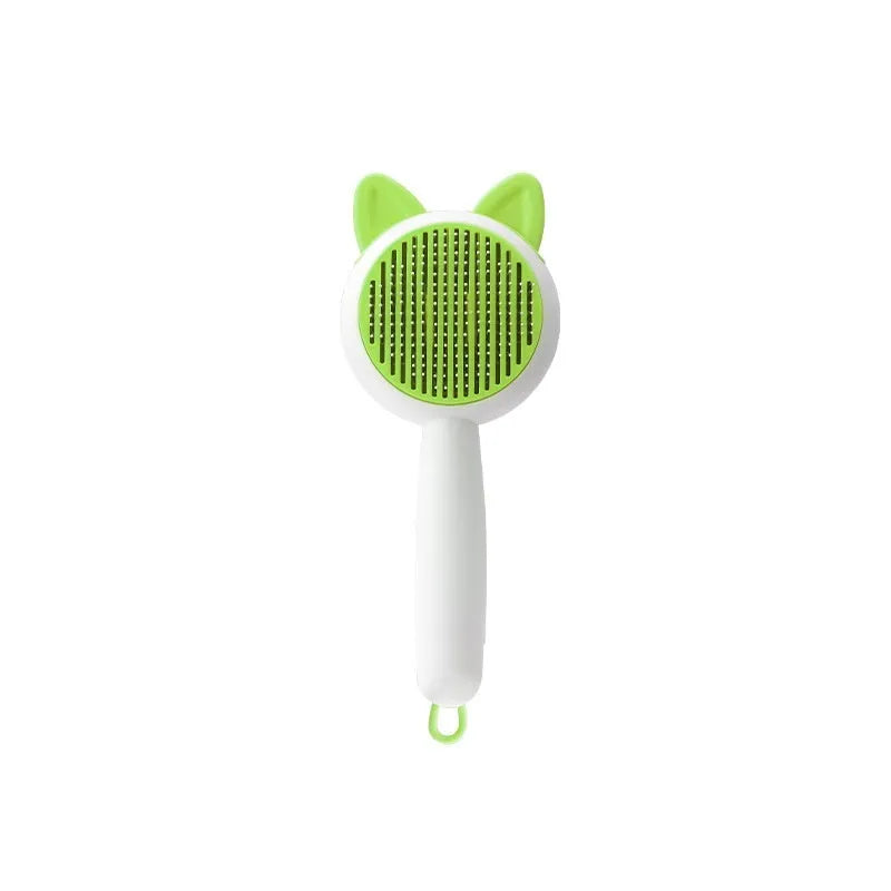 Self-cleaning cat comb grooming tool in greenish white colour with PP, TPR and stainless steel construction