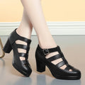 Closed toe chunky heel sandals for women, woven hollowed upper, ankle strap, beige colour, side view