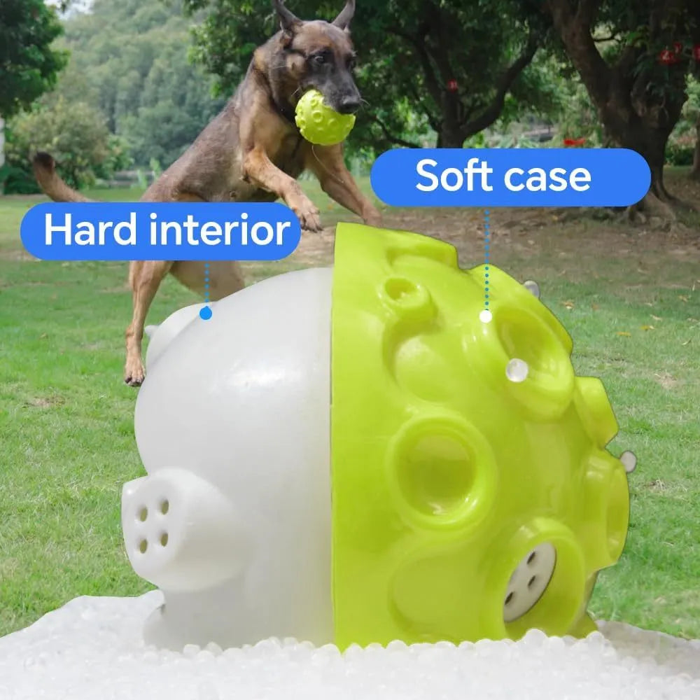 Colourful rubber dog chew ball with textured surface and squeaky sound mechanism