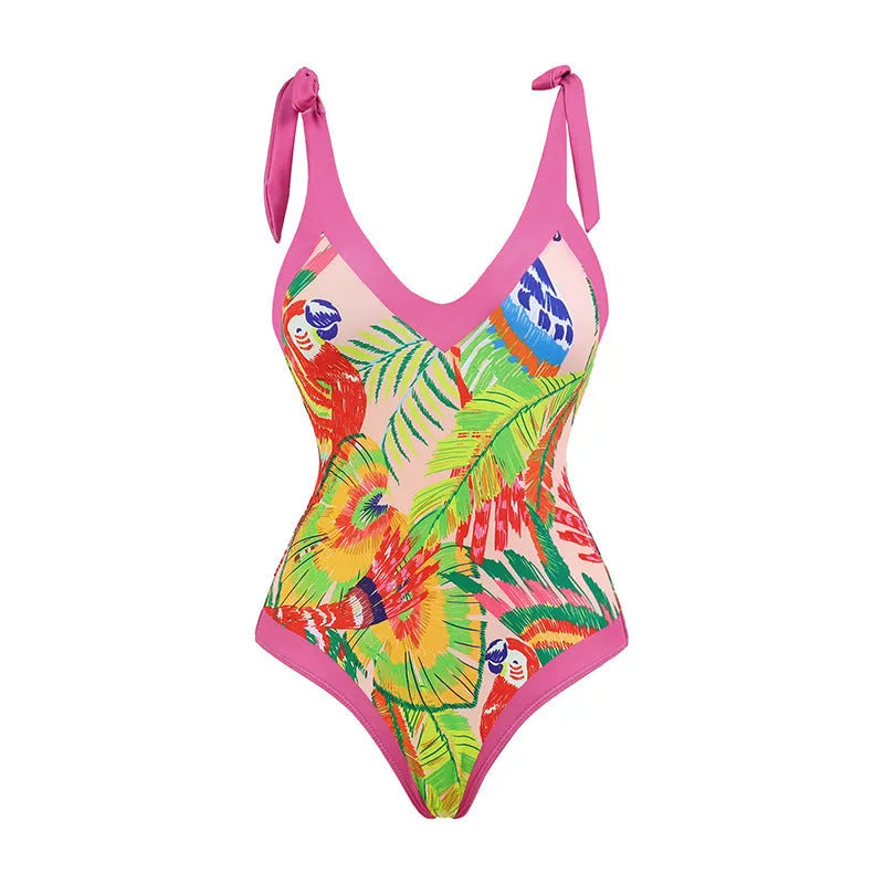 Retro pink floral print one-piece swimsuit for women with V-neck, tummy control and attached skirt