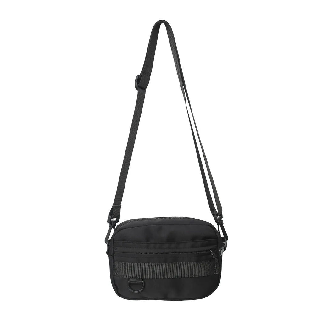 Men's nylon messenger bag in black showing street trend styling with sewing thread details and crossbody strap