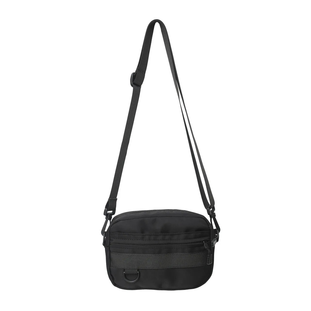 Men's nylon messenger bag in black showing street trend styling with sewing thread details and crossbody strap