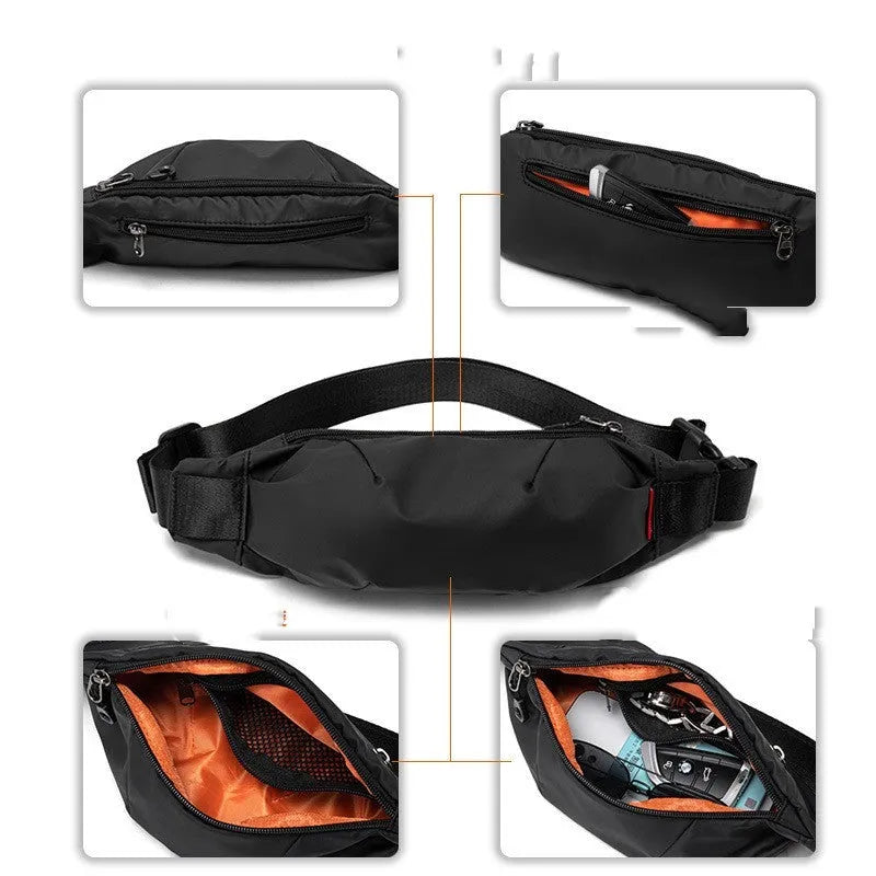 Black Oxford cloth waist pack showing front zipper and compact rectangular shape.