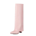 Women's black thick high heel tall cylinder boot with sewing detail on PU leather upper