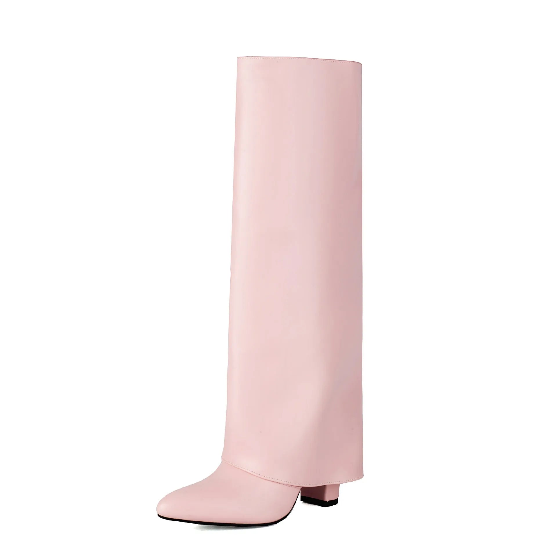 Women's black thick high heel tall cylinder boot with sewing detail on PU leather upper