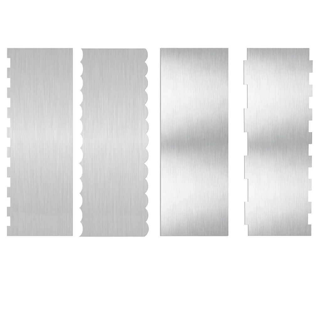 Stainless steel cream scraper with a polygonal patterned edge for cake decorating.
