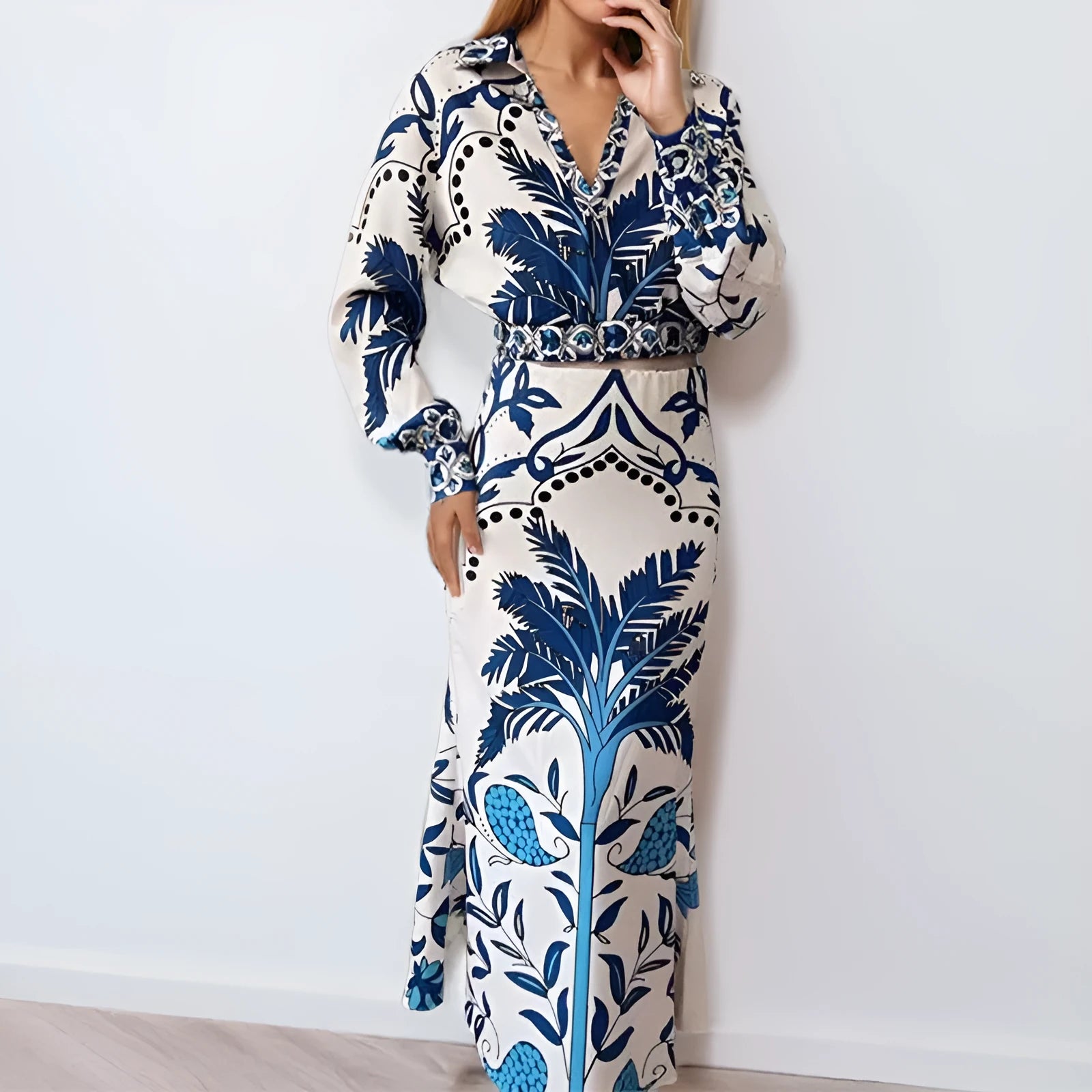 Women's floral print polyester co-ord set with long sleeve top and matching long skirt