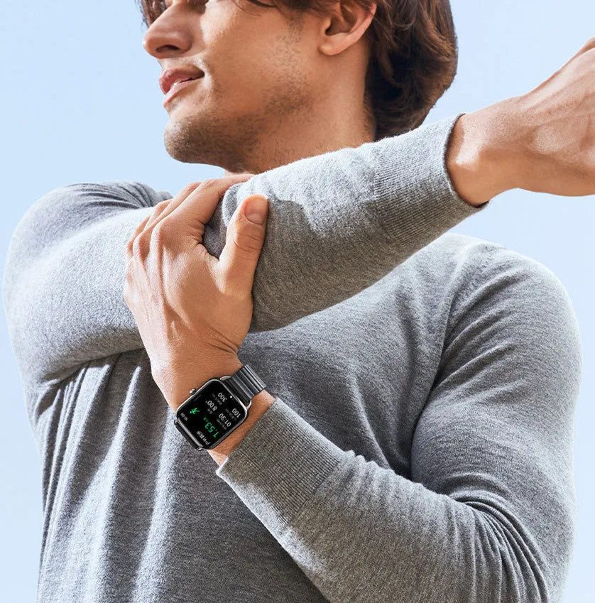 HAYLOU RS4 Plus black smartwatch on wrist showing fitness stats on AMOLED screen
