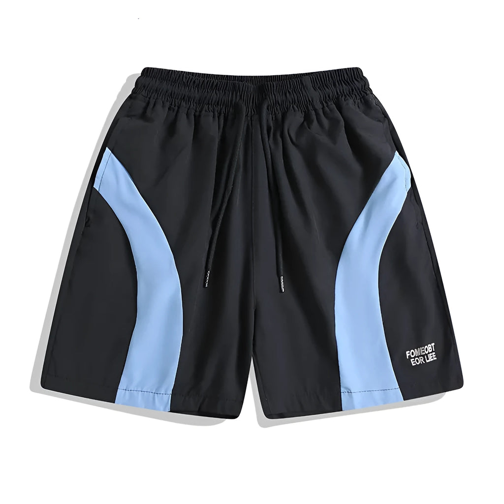 Men's black and grey quick-drying sports shorts with elastic waist and contrast colour panels for training