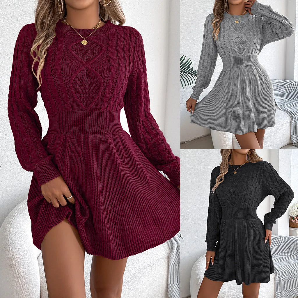 Women's solid colour sweater dress with lantern sleeves and elastic waist in artificial fur fabric