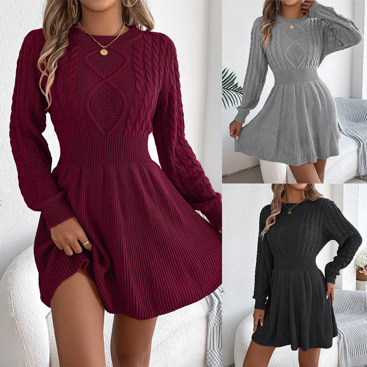 Women's solid colour sweater dress with lantern sleeves and elastic waist in artificial fur fabric