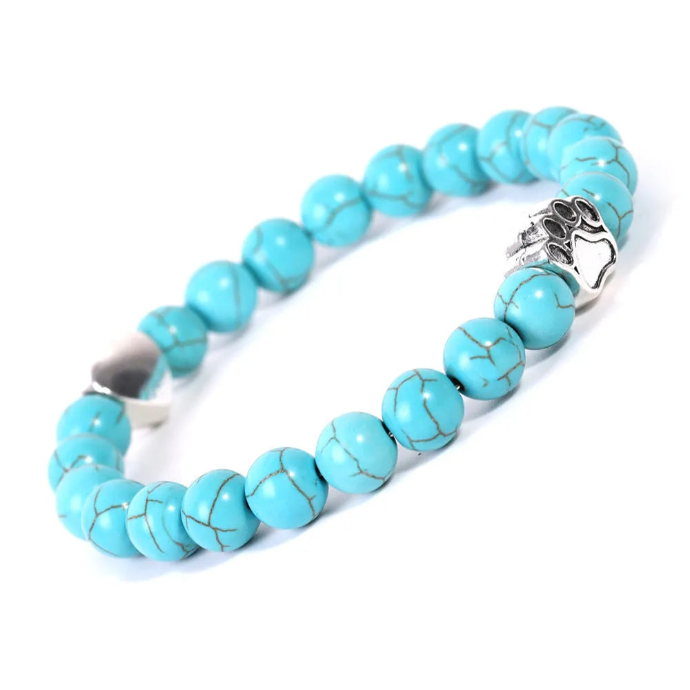 Tigereye stone bracelet with geometric dog's paw charm and heart charm in beaded construction