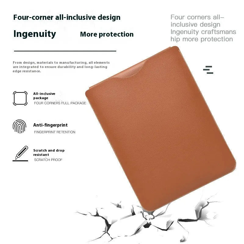 Four-piece set of brown imitation leather lock edge laptop liner bags for MacBook protection.