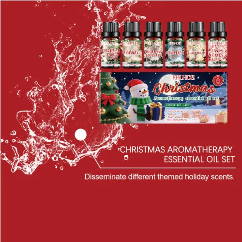 Christmas aromatherapy oil set showing six bottles in three festive scents with different sizes