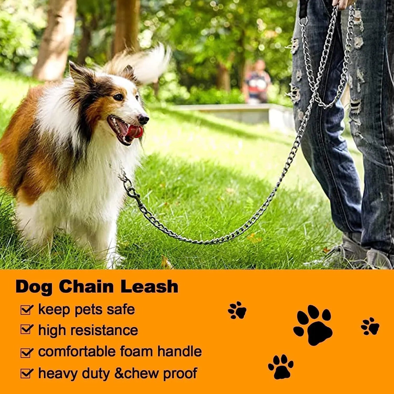 Heavy duty metal dog leash with soft padded handle in black colour, suitable for large medium size dogs