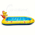 Blue dinosaur-shaped inflatable water spray pool with shark toy inside, placed on garden grass