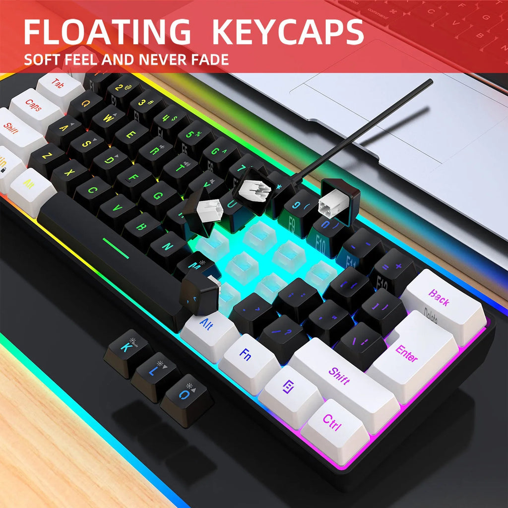 61-key wired membrane keyboard in white and black, ABS plastic, 28.7cm width