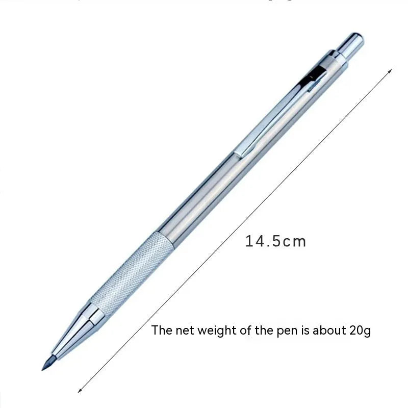 Metal automatic mechanical pencil with 2B graphite refill showing lead size options