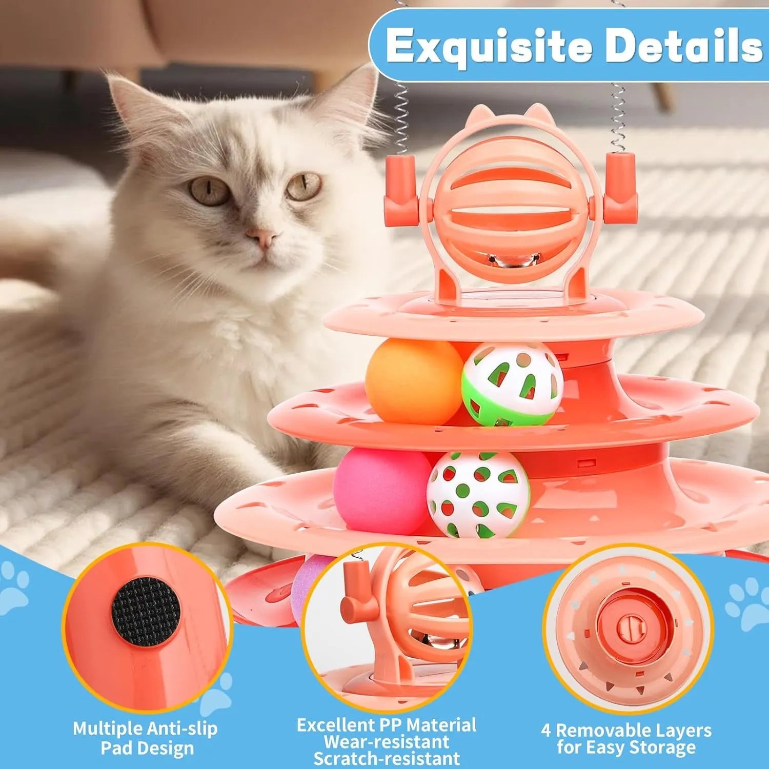 Interactive cat toy with 4-tier carousel, 6 toy balls, bell ball, and 2 teasing rods on a non-slip base
