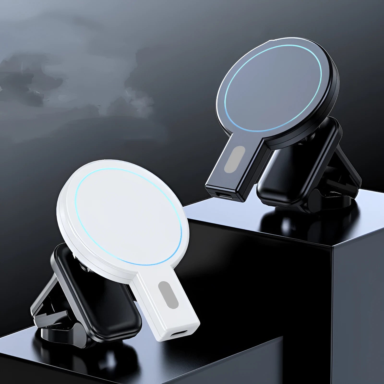 White and black magnetic wireless charger with PD fast charging showing dimensions