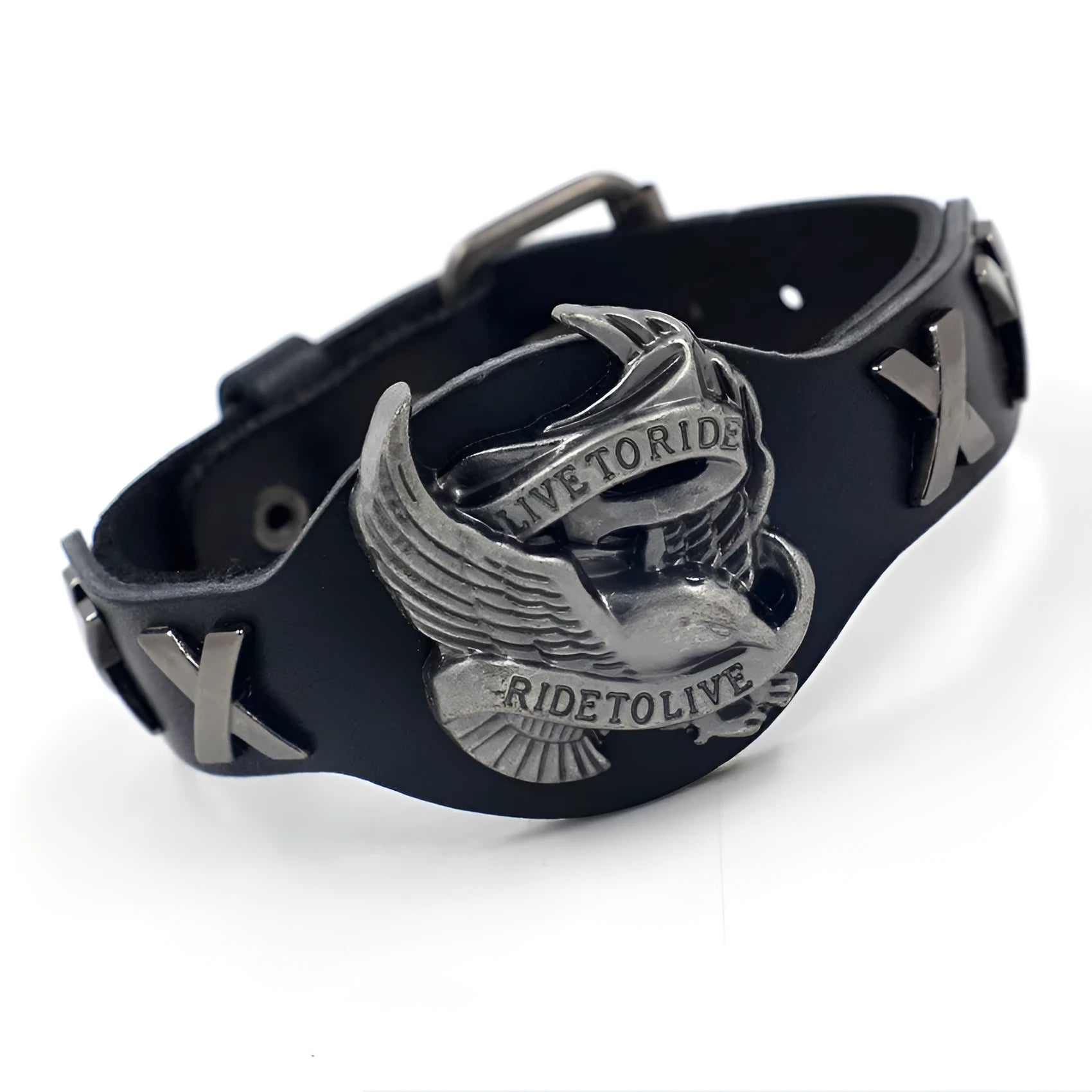 Black geometric leather bracelet with alloy eagle watch-button closure showing varying width from 1.7cm to 3.8cm